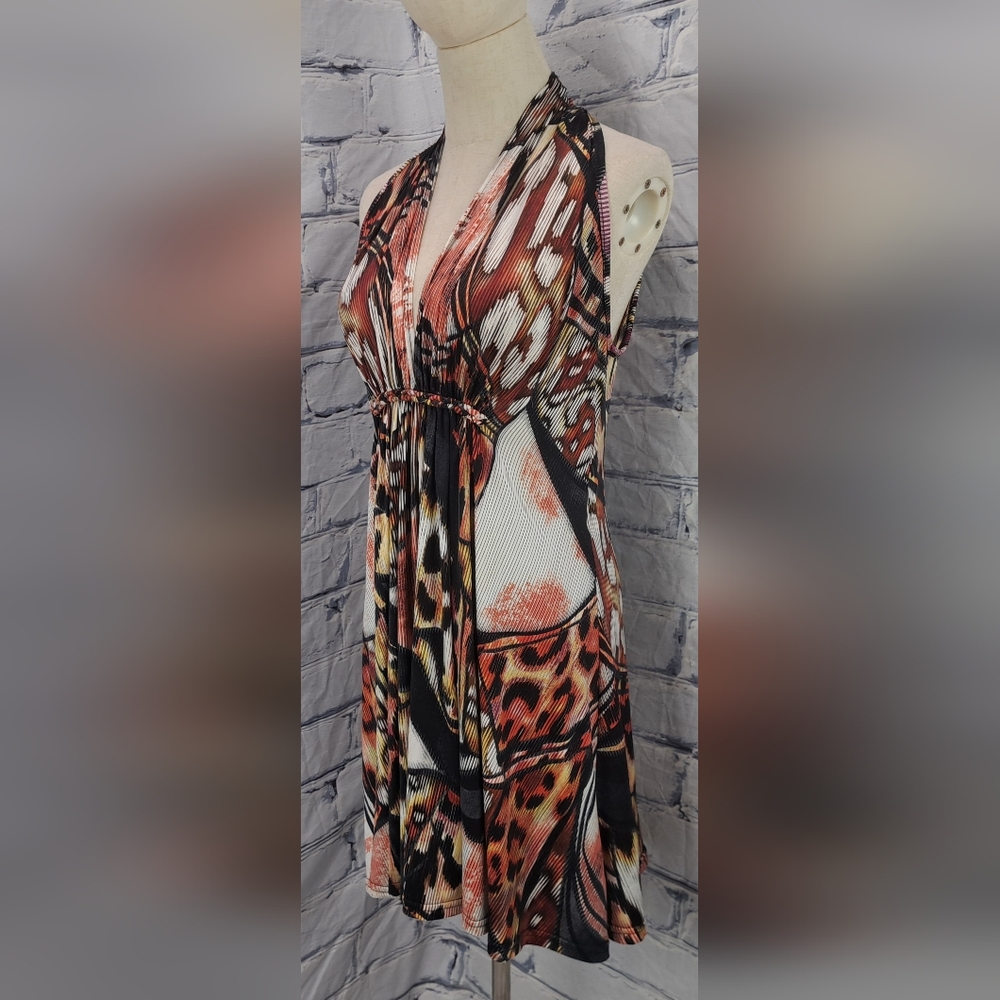 Printed Halter Midi Dress in Rust and Black